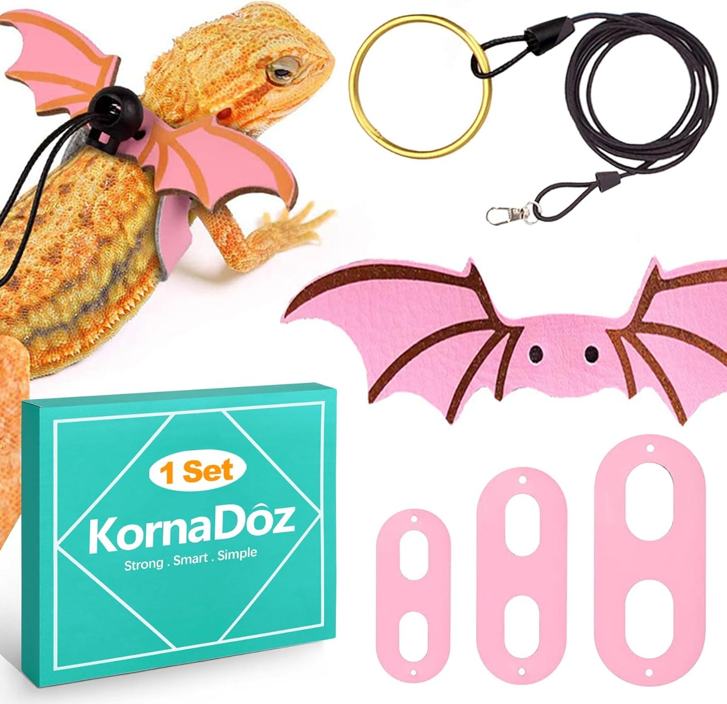 3 Sizes S/M/L Adjustable Soft Leather Bearded Dragon Leash and Harness Set with Cool Wings, Reptile Lizard Costume Accessories for Geckos, Iguanas, Small Pets, Outdoor Walking