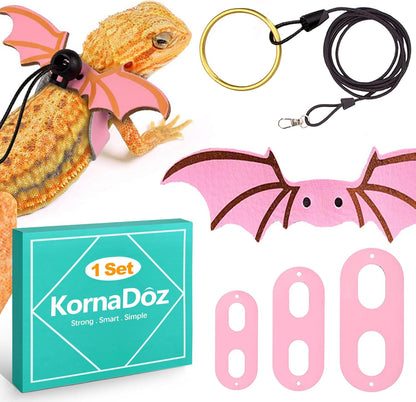 3 Sizes S/M/L Adjustable Soft Leather Bearded Dragon Leash and Harness Set with Cool Wings, Reptile Lizard Costume Accessories for Geckos, Iguanas, Small Pets, Outdoor Walking