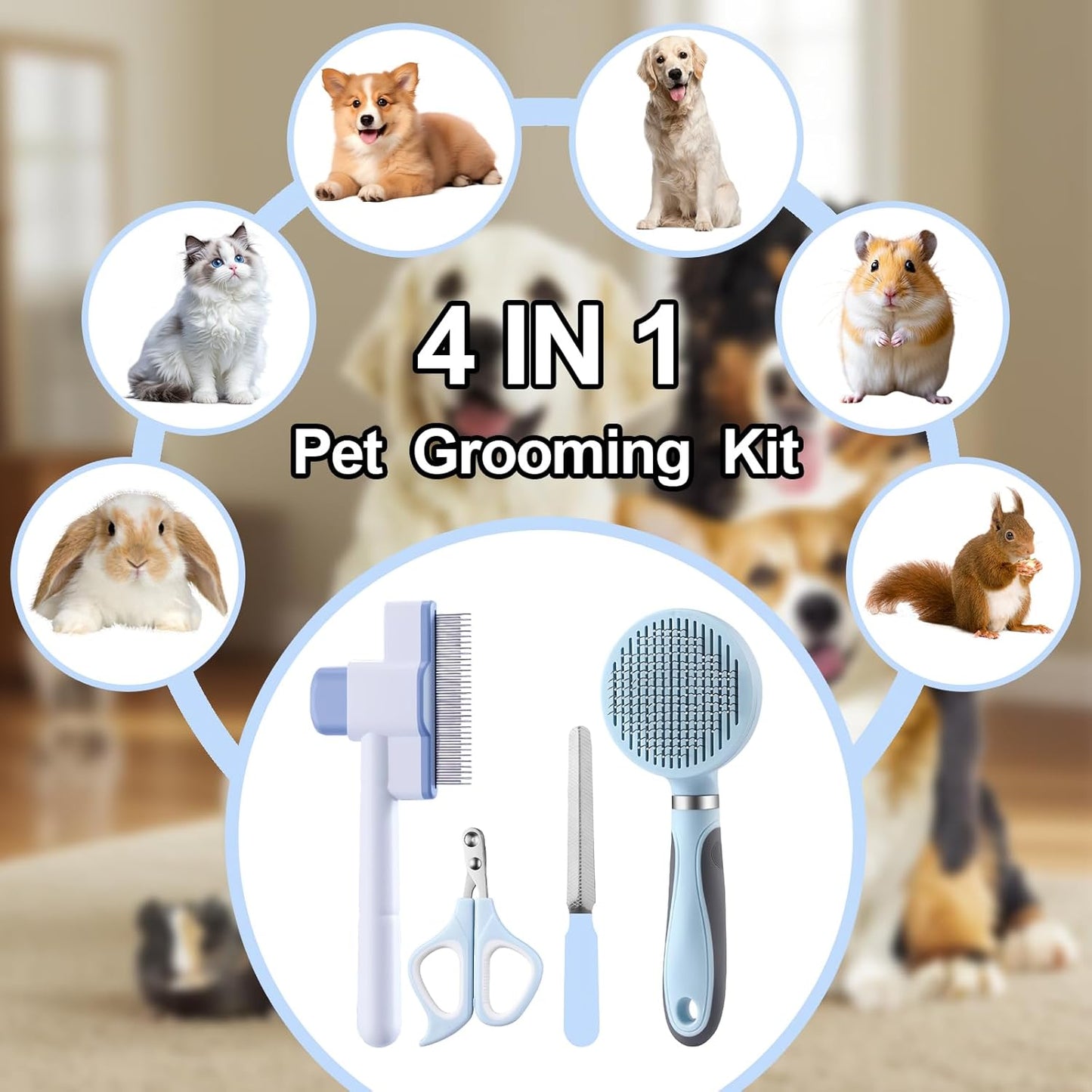 Cat Grooming Kit, 4-in-1 Cat Grooming Tools with Cats Brush, Flea Comb, Nail Clipper & Trimmer - Deshedding & Dematting for Pets Hair and Paws, Pet Shedding Set for Indoor Dogs & Cats (Blue)
