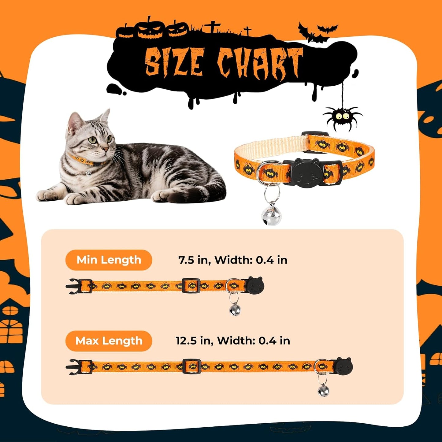 Halloween Cat Collar with Bell, Adjustable Comfortable Kitten Halloween Collar Breakaway, Spider Patterns Safety Holiday Cat Collars for Boys Girls,Kitten,Puppy Orange (7.5"-12.5")