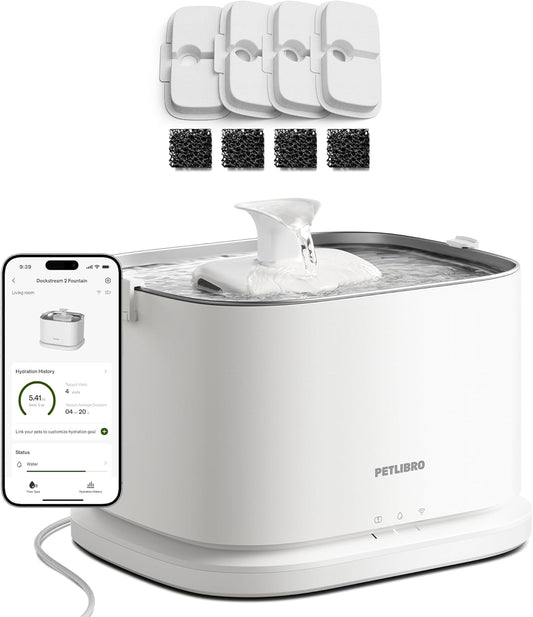 PETLIBRO Upgrade Cat Water Fountain + 4 Packs Genuine Cat Fountain Filter Replacement, Dockstream 2 Smart App Monitoring 5G WiFi Auto Cat Fountain Stainless Steel Tray for Drinking, 3L/101oz