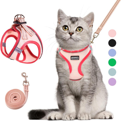 Cat Harness and Leash Set, Soft and Breathable Vest with Reflective Strip, Escape Proof Kitten Harness, Easy to Wear for Cats Walking and Traveling (Pink, XXS)