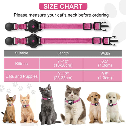 Luminous AirTag Cat Collar Breakaway, OUCWLTAG GPS Cat Collar with Apple Air Tag Holder, Cat Tracker Collars with Safety Elastic Band for Girl Boy Cats, Kittens and Puppies (Pink, 9-13 Inch)