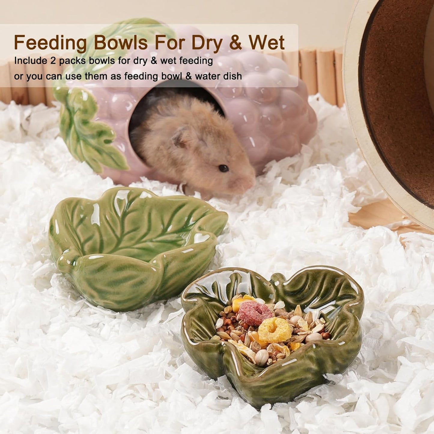 Hamtser Food Bowl,2 Packs Leaf Hamster Bowls,Ceramic Feeding Bowl,Food Dish for Small Animals Gerbil Dwarf Hamster Rat Mice Guinea Pig(Green + Dark Green)