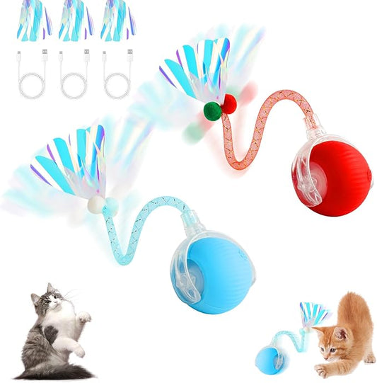2 Packs Speed Tail 2.0 Interactive Cat Toys for Indoor Cats, Automatic Moving Cat Toy with Elastic Mesh Tail, Rechargeable Cats Ball for Enrichment Exercise