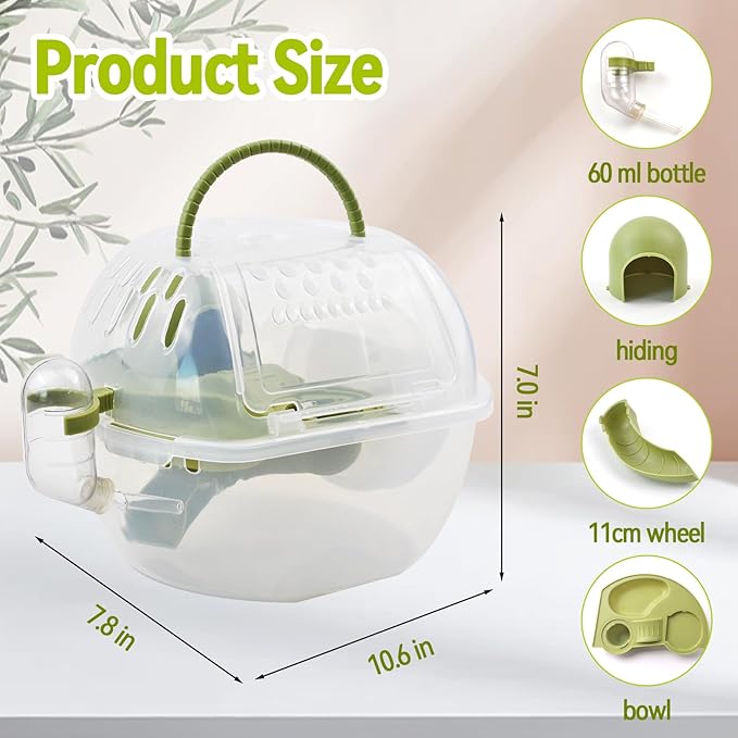 Portable Hamster Carrier Cage,Plastic Hamster Travel Carrier with Water Bottle Food Bowl,Green Lightweight Carrying Case for Small Animal Dwarf Syrian Rat Mice