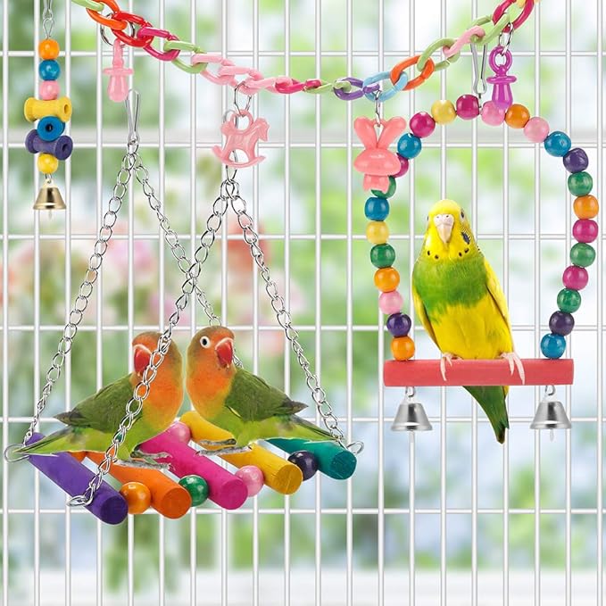 Swing Hanging Standing Chewing Toy Hammock Climbing Ladder, Cage Colorful Toys Suitable for Budgerigar, Parakeet, Conure, Cockatiel, Mynah, Love Birds, Finches