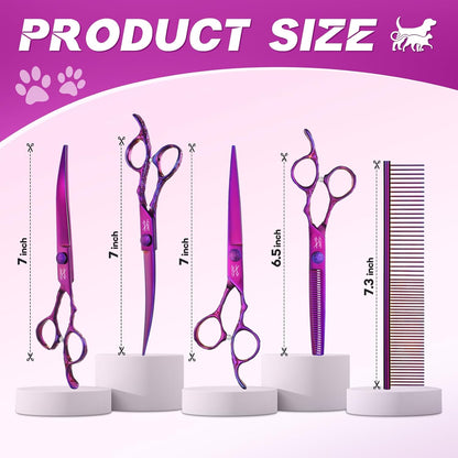 JASON Professional 6 in 1 Dog Shears Kit - 6.5" Thinning, 7" Straight, 7" Up-Curved, 7" Down-Curved Scissors and Comb for Cat, Pet with Adjustable Screw (Purple)