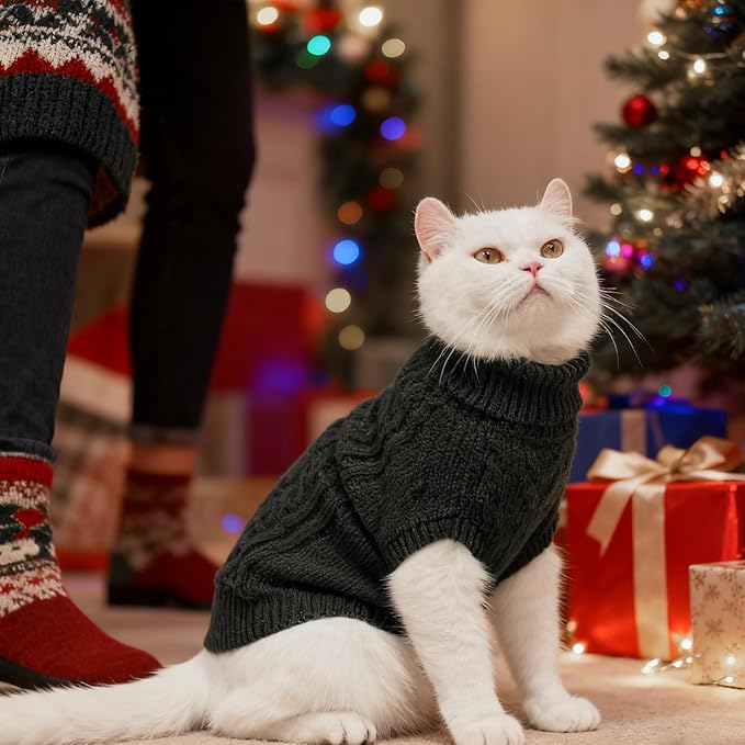 BINGPET Cat Sweater,Thermal Knitted Kitten Clothes Winter Coat,Classic Knit Turtleneck Cat Sweaters for Cats Only,Warm Pet Clothes for Kittens & Small Dogs Puppy Boy Girl Indoor Outdoor(Grey,L)