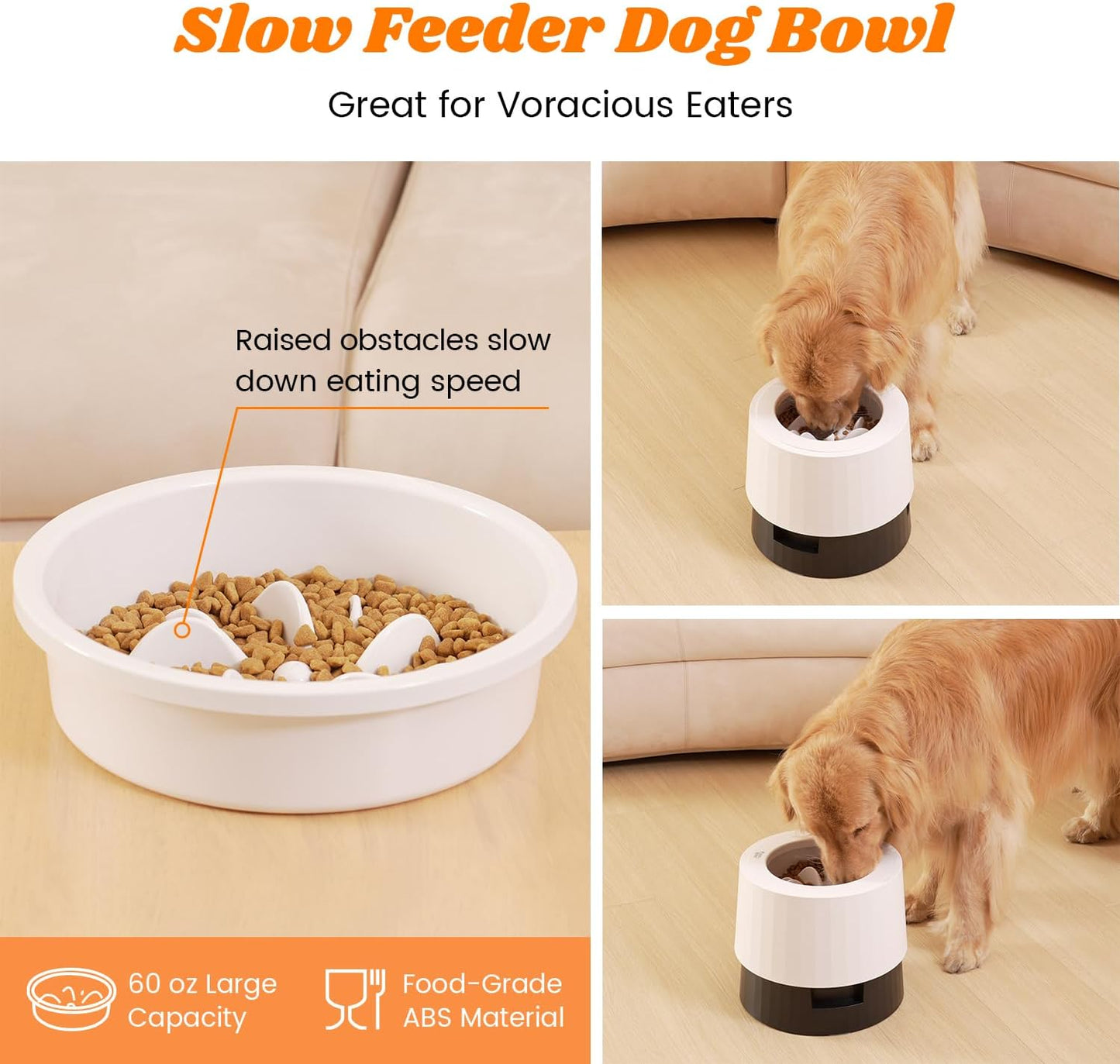 Pawque Elevated 60oz Slow Feeder Dog Bowls Large Breed, Single Raised Food Bowl for Medium Large Sized Dogs, Stable Sturdy Base and Snap on Adjustable Height Stand, Anti-Slip Mess Proof Dog Bowls