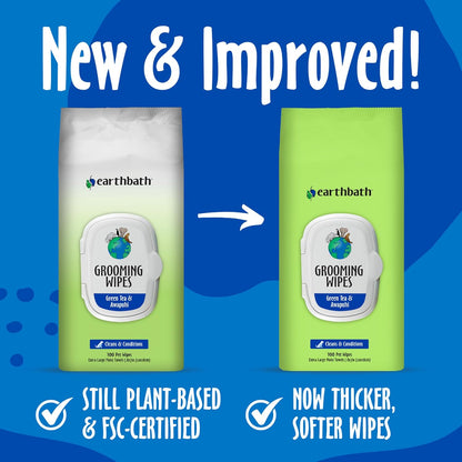 earthbath, Green Tea & Awapuhi Grooming Wipes - Dog Wipes for Paws and Butt, Best Pet Wipes for Dogs & Cats, Made in USA, Cruelty-Free Dog Cleaning Wipes, Removes Dirt & Dander - 100 Count (2 Pack)
