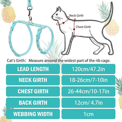 PUPTECK Adjustable Cat Harness and Leash Set Escape Proof Kitten Strap Collar for Walking Travel, Pineapple