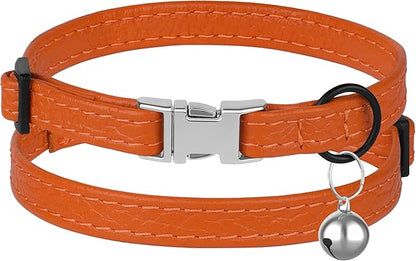 Leather Cat Collar with Buckle and Removable Bell - Non Breakaway Adjustable Soft Safety Small Pet Collars for Girl Boy Cats Kitten (Orange)