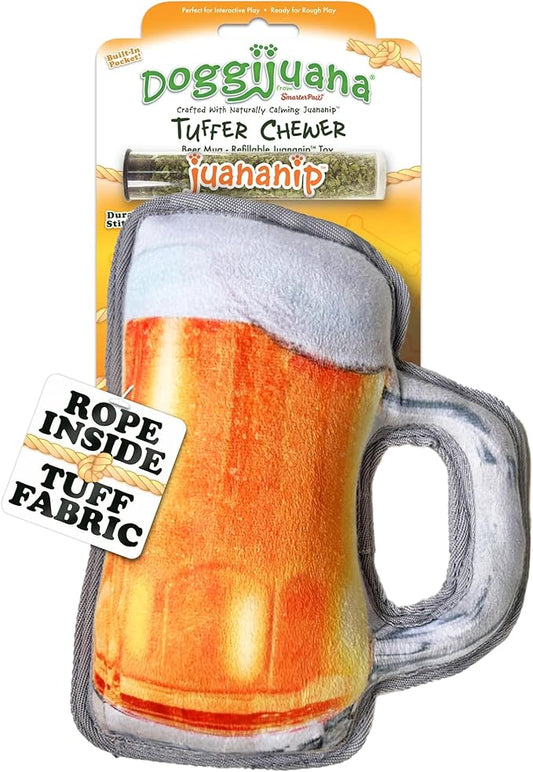 Doggijuana Tuffer Chewer Plush Dog Toy | Funny Dog Toy Plush with Juananip Catnip for Dogs | Calming Aid for Dogs | Interactive Squeaky Chew Toy for Play (Beer Mug Toy)