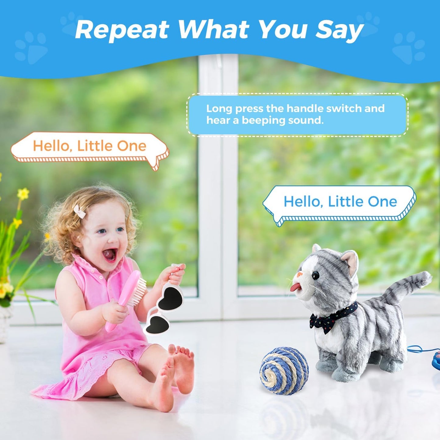 Gray Leash Walking Cat Set Toy Interactive Talking Cat Singing Dancing Kitten Mimicking Repeat What You Say Kitty Touch and Voice Control Nodding Wagging Tail Plush Electric Robot for Kid Girl
