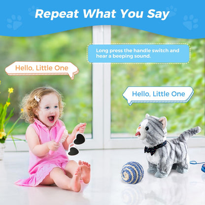 Gray Leash Walking Cat Set Toy Interactive Talking Cat Singing Dancing Kitten Mimicking Repeat What You Say Kitty Touch and Voice Control Nodding Wagging Tail Plush Electric Robot for Kid Girl