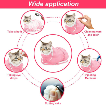 Breathable Mesh Shower Bag - Anti Scratch Adjustable Grooming for Nail Trimming, Bathing - Polyester Soft Cat Washing (White-Pink)