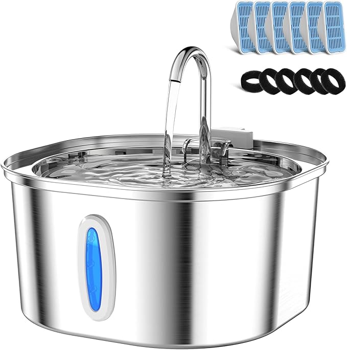 PEKTACO Stainless Steel Cat Water Fountain, 3.2L/108oz Cat Water Dispenser with Quiet Water Pump and Water-Level Window, Dishwasher Safe Pet Drinking Fountain for Cats with 6 Filters + 6 Sponges
