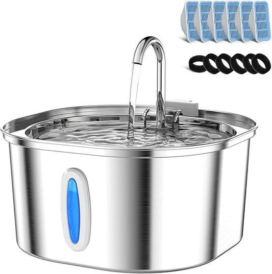PEKTACO Stainless Steel Cat Water Fountain, 3.2L/108oz Cat Water Dispenser with Quiet Water Pump and Water-Level Window, Dishwasher Safe Pet Drinking Fountain for Cats with 6 Filters + 6 Sponges