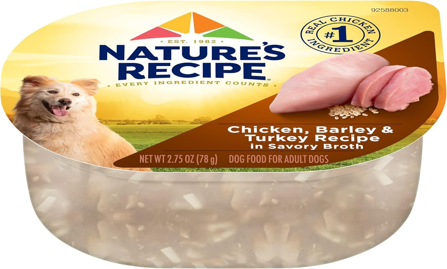 Nature’s Recipe Chicken, Barley & Turkey Recipe in Savory Broth Wet Dog Food, 2.75 oz. Cup, 12 Count