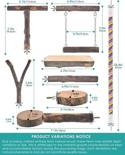 Bird Perches, 8pcs Natural Wood Parrot Perch Stand Chewing Toys Cage Accessories Hanging Multi-Branch Perch Platform Swing Toy Rope Perches for Small and Medium Parakeet, Conures, Budgies
