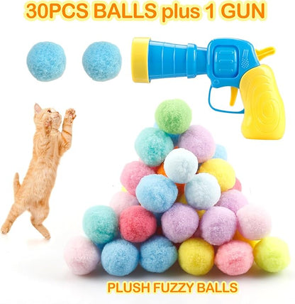 31Pcs Cat Ball Toy Launcher Gun,Cat Balls Fetch Toy,30Pcs Plush Fuzzy Balls Launcher Cat Toy for Cats with 1 Gun,Funny Interactive Cat Toys for Bored Indoor Adult Cats,Cute Kitten Kitty Toys