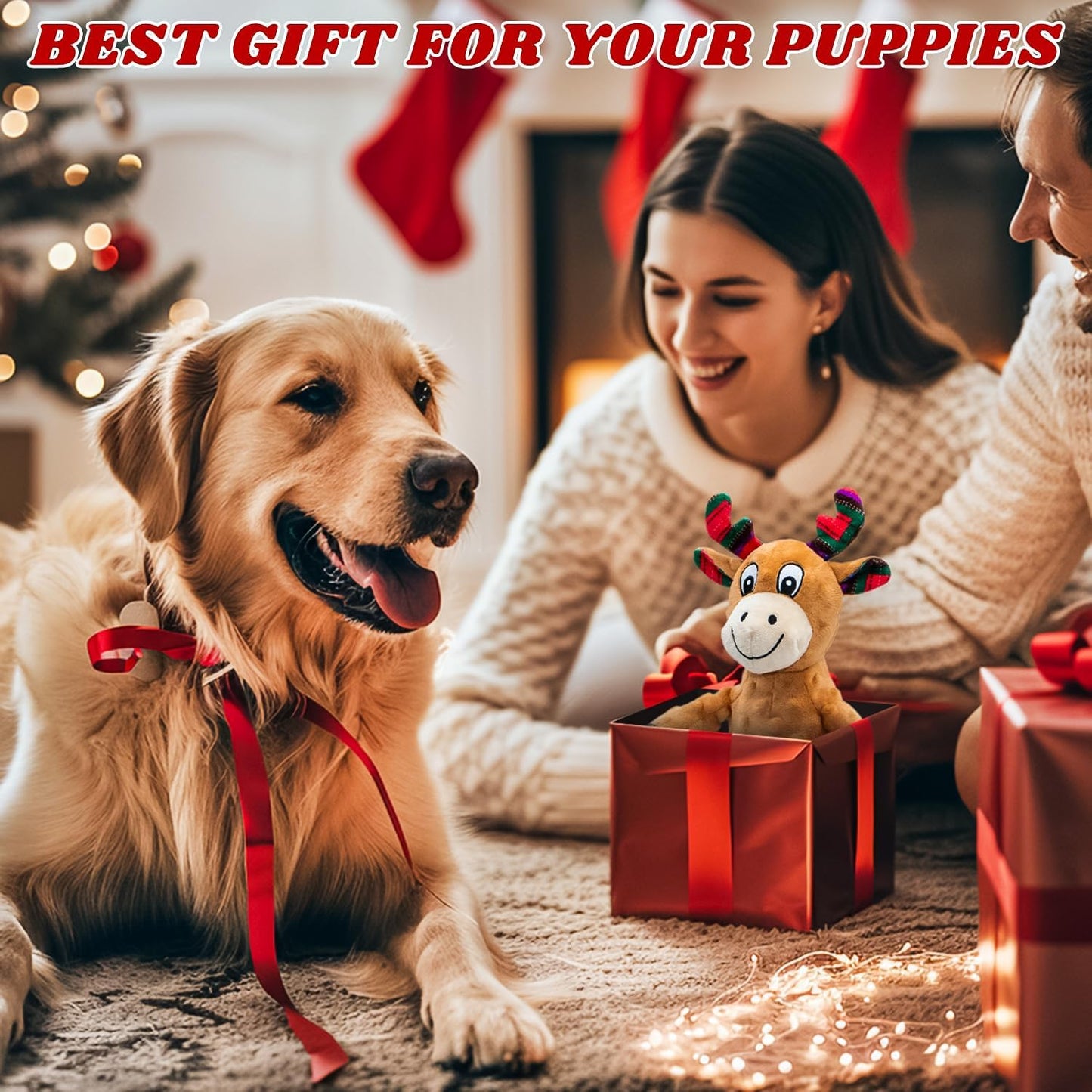 Dog Christmas Reindeer Plush Toys with Squeaker, Soft Pet Teeth Toys for Small & Medium Dogs