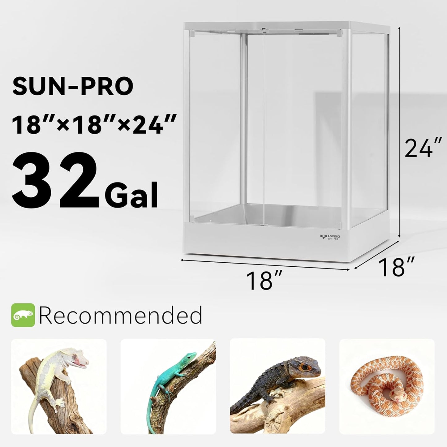 Reptile Glass Terrarium 18"x18"x24" 32 Gallon Knock-Down Dual-Locking Security Mesh Ventilation Durable Aluminum Frame Modern Design