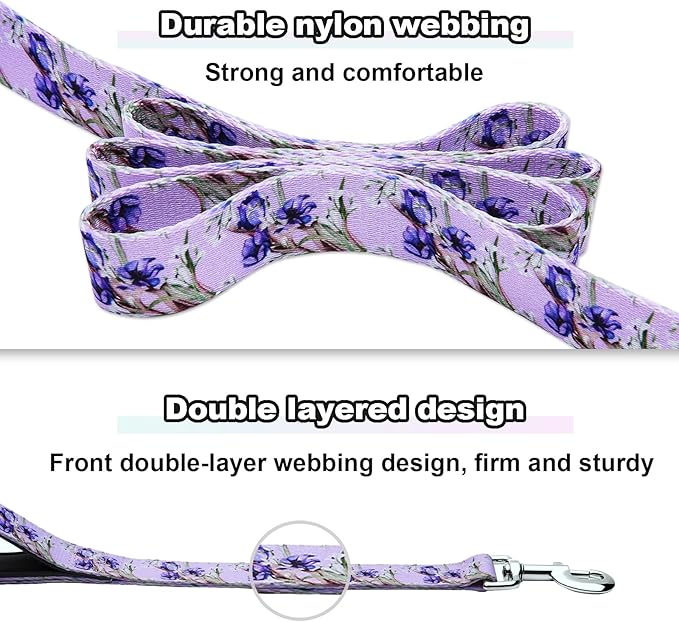 Double Handle Dog Leash 5ft with 2 Padded Handles, Cute Purple Dog Leash with Soft Dual Handle, Walking Training Lead for Small Medium Large Dogs, Lavender Lily