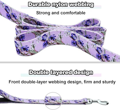 Double Handle Dog Leash 5ft with 2 Padded Handles, Cute Purple Dog Leash with Soft Dual Handle, Walking Training Lead for Small Medium Large Dogs, Lavender Lily