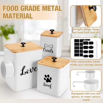 Metal Dog Treat Containers Set of 3 with Bamboo Lids and Spoon Airtight 7+3+2 lbs Dog Food Snack Jars with DIY Labels Big Pet Cookie Storage Jar for Kitchen Counter(White,Modern)