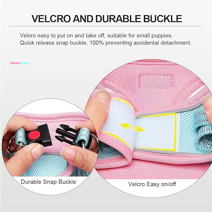 Mercano Soft Mesh Dog Harness and Leash Set, No-Chock Step-in Reflective Breathable Lightweight Easy Walk Vest Harnesses with Safety Buckle for Small Dogs, Cats (S, Pink Blue)