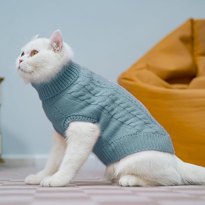 PUPTECK Winter Cat Sweater Coat - Soft Warm Cold Weather Clothes Knitwear for Kittens & Small Dogs Indoor Outdoor Wearing, Knitted Classic for Doggies Kitties Girls Boys, Sky Blue, S