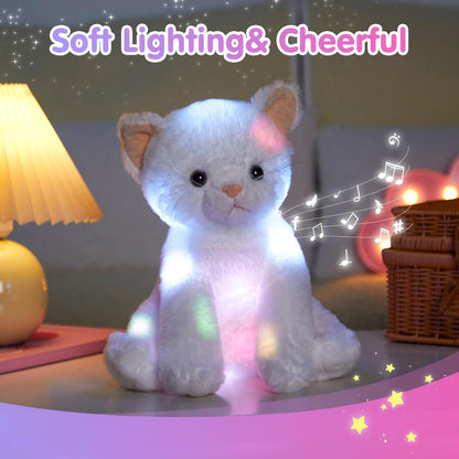 Houwsbaby 12'' White Musical Light Up Cat Stuffed Animal Kitty Plush Toy Singing LED Glowing Cat Plush Toy Christmas Festival Birthday Presents for Kids Girls Boys