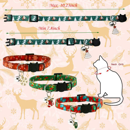 Christmas Cat Collar Set - Xmas Cat Adjustable Breakaway Collars with Bells & Charms 4Pcs Per Set