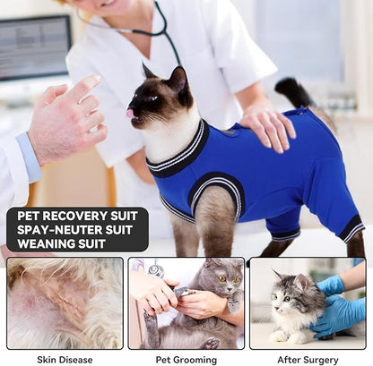 T'CHAQUE Cat Clothes Surgery Recovery Suit for Female Male, Cat Onesie Pet Surgical Pajamas Hind Legs Long Sleeve, Abdominal Wound Skin Diseases, E-Collar Alternative, Spay Recovery Suit, RoyalBlue-S