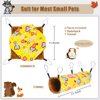 Ferret Rat Hammock Guinea Pig Hideout Toys Large Soft Small Animal Bed Sugar Glider Chinchilla Squirrel Hammock Set for Cage Accessories Pet House Hamster Hang Tunnel and Tube,2 Pack,Yellow