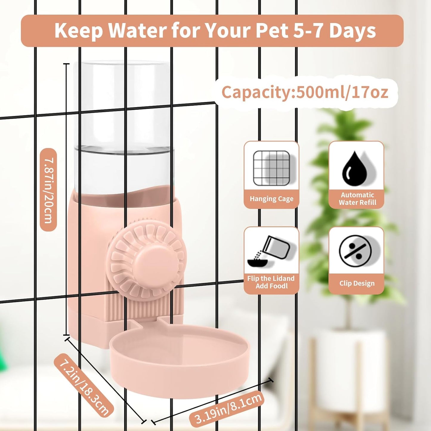 Hanging Automatic Rabbit Water Bottle, Guinea Pig Water Bottle No Drip, Gravity Cage Water Dispenser for Bunny Ferret Waterer Small Animals (Pink)