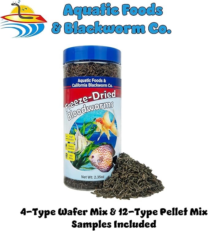 Aquatic Foods Inc. Bloodworms, Grade A Freeze Dried Floating Bloodworms for Cichlids, Discus, Goldfish, Bettas, Angel Fish, Marine Fish, 12-Type Pellet Mix & 4-Type Wafer Mix Included..2.35oz Canister