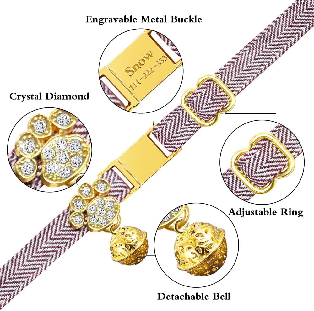 Personalized Breakaway Cat Collars - Magnetic Buckle, Bell - Safety Quick Release, Customized for Girls & Boys Cats- (Herringbone-Rose Red)