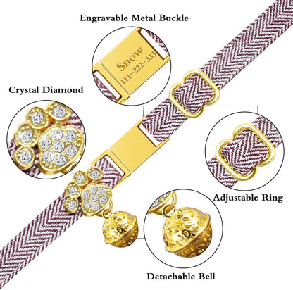 Personalized Breakaway Cat Collars - Magnetic Buckle, Bell - Safety Quick Release, Customized for Girls & Boys Cats- (Herringbone-Rose Red)