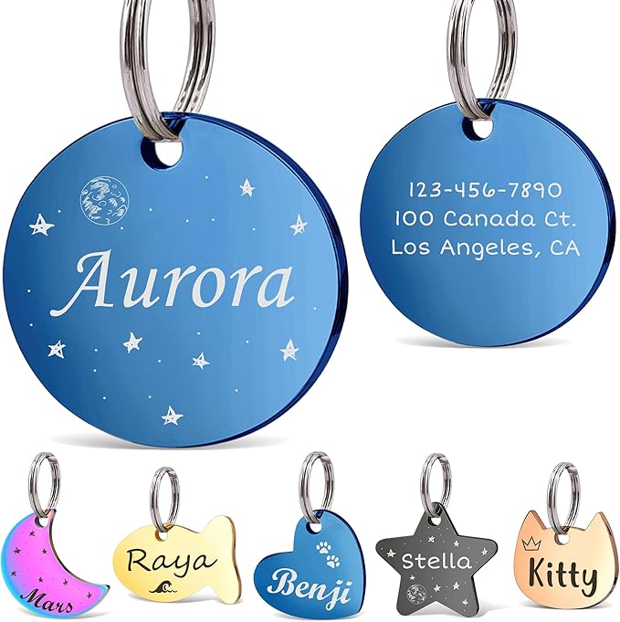 Anavia Small Size Dog Cat ID Tags, Small/XS Personalized Color Plated Stainless Steel Puppy Kitten Name Tags, Customized Engraved Nameplate Pet Collar Tag (Blue, Round)