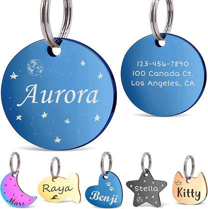 Anavia Small Size Dog Cat ID Tags, Small/XS Personalized Color Plated Stainless Steel Puppy Kitten Name Tags, Customized Engraved Nameplate Pet Collar Tag (Blue, Round)