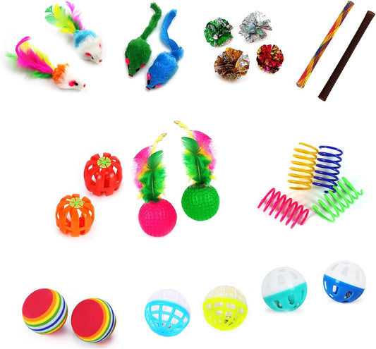 24-Piece Cat Toys Kit: Crinkle Balls, Bell Mice, Spring Toys - Assorted Colors for Indoor Cats Kittens