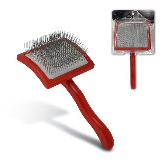 Pet Slicker Brush for Long & Short Hair - Detangling Tool for Dogs & Cats - 135° Angled Stainless Steel Pins, Curved Handle - Gentle Grooming for Small/Medium/Large Breeds (Red)