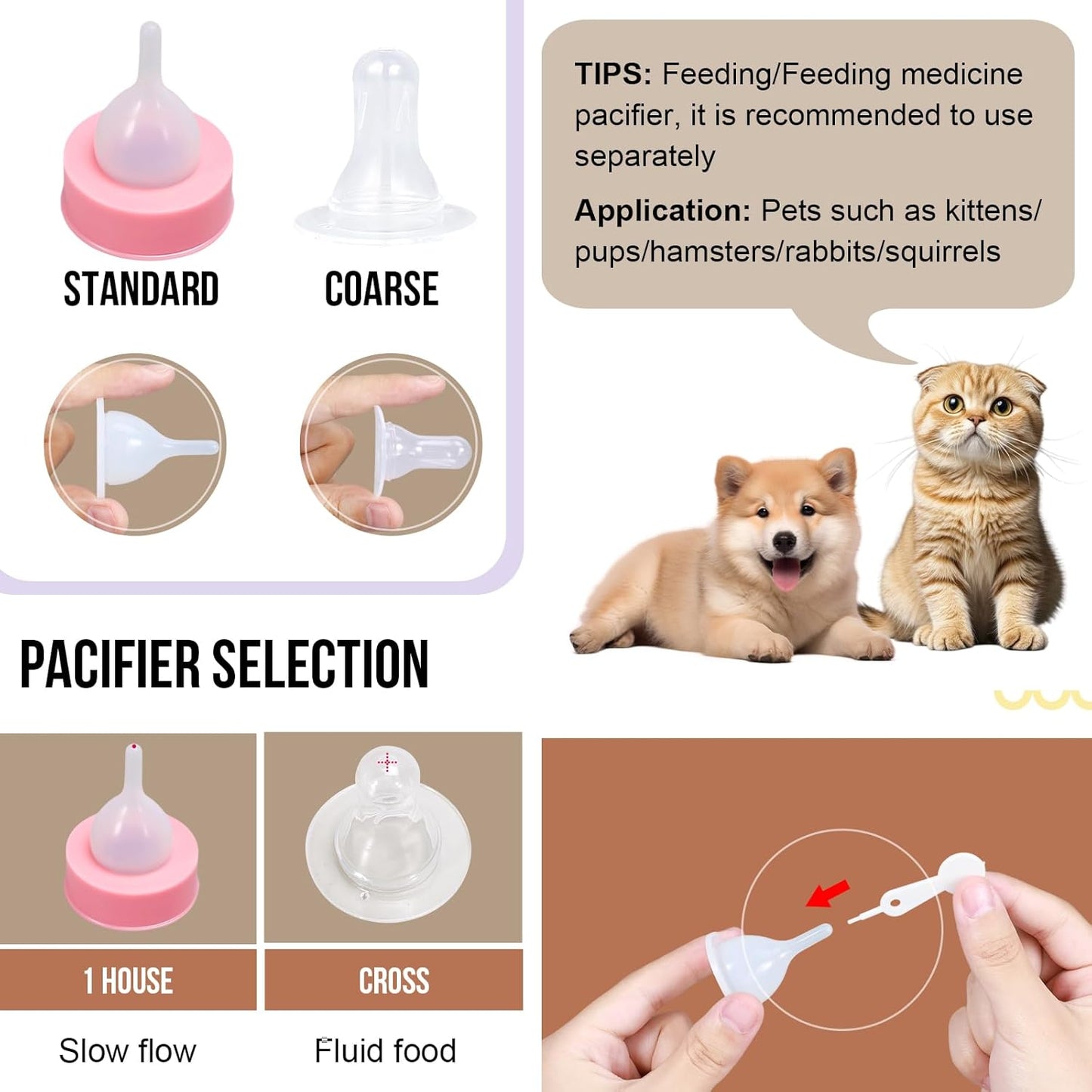 Puppy Kitten Nursing Bottle 2oz- Small Animal Feeding Kit with Nipples | Hand Feeding Supplies for Puppies, Kittens, Rabbits, Ferrets & Newborn Pets