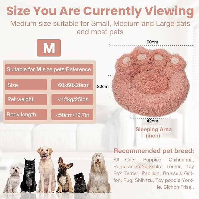 Calming Dog Bed Cat Bed Medium Size Dog - Donut Washable Medium Pet Bed, Warm Kitten Nest 24 inches Anti-Slip Round Fluffy Plush Faux Fur Cat Bed, Fits up to 25 lbs Pets, (Luxury Pink)