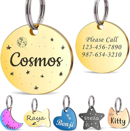 Anavia Small Size Dog Cat ID Tags, Small/XS Personalized Color Plated Stainless Steel Puppy Kitten Name Tags, Customized Engraved Nameplate Pet Collar Tag (Gold, Round)