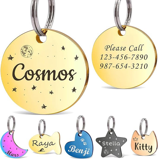 Anavia Small Size Dog Cat ID Tags, Small/XS Personalized Color Plated Stainless Steel Puppy Kitten Name Tags, Customized Engraved Nameplate Pet Collar Tag (Gold, Round)