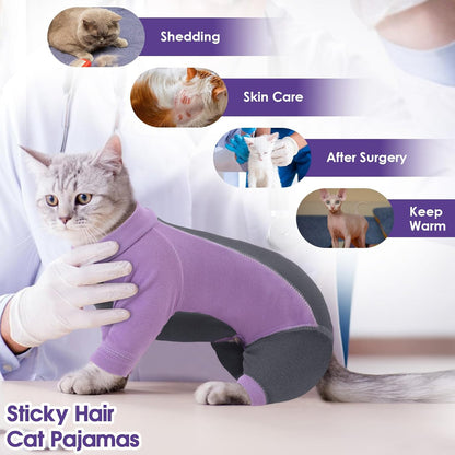 SUNFURA Hair Sticky Cat Clothes, Cat Sweater for Cats Only, 4-Legged Fleece Sweaters Kitten Pajamas Reduce Shedding Fur, Warm Pullover Shirts for Cats, Purple M